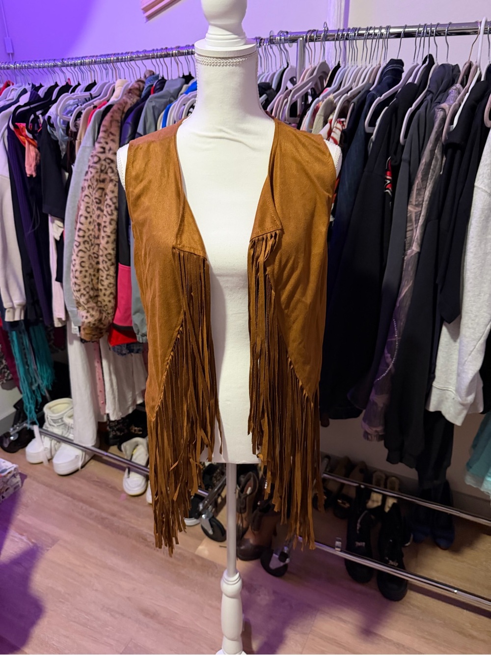 Women's Brown Suede Fringe Vest - Open Front Boho Layer